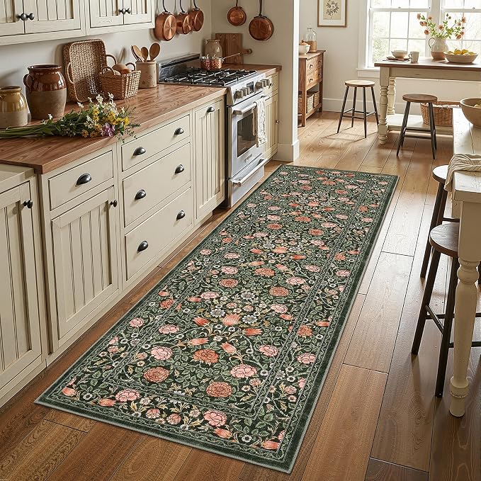 GarveeHome Dark Green Floral 2x6 Kitchen Runner Rug for Hallways | Washable Entryway Bedroom Bathroom Dorm Rug Vintage Boho Rugs Low-Pile Non-Slip Stain Resistant TPE Backing