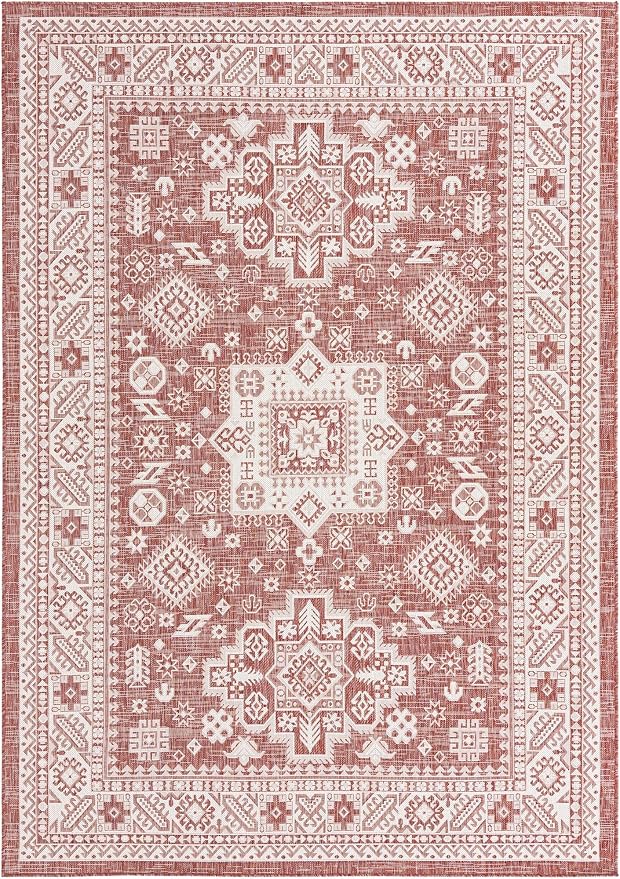 Unique Loom Outdoor Aztec Collection Area Rug - Chalca (7' 1" x 10' Rectangle, Rust Red/ Ivory)