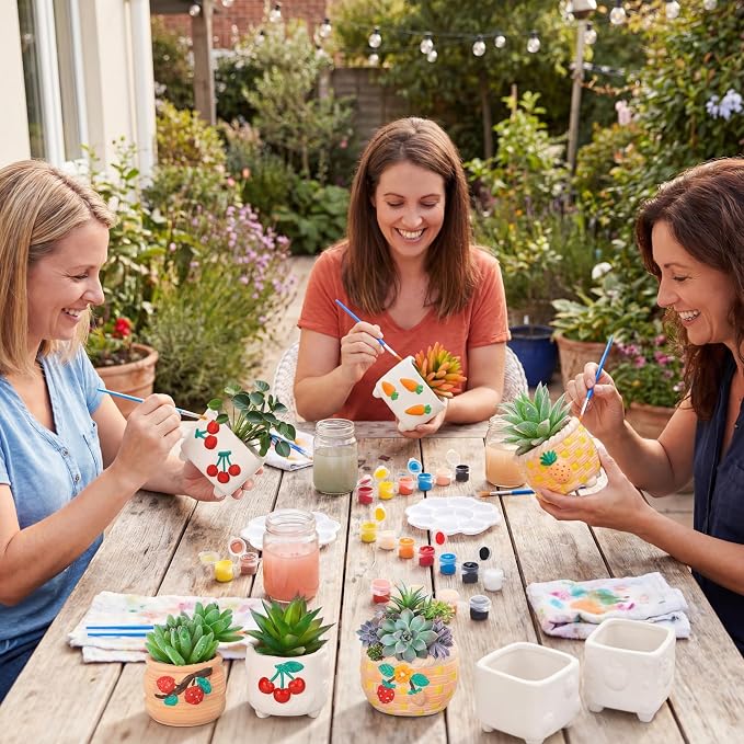 Hushee 12 Sets Ceramic Succulent Planters Paintable Succulent Plant Pots Small DIY Figurines Unpainted Pots with Drainage Hole Color Paints Paintbrushes Palettes