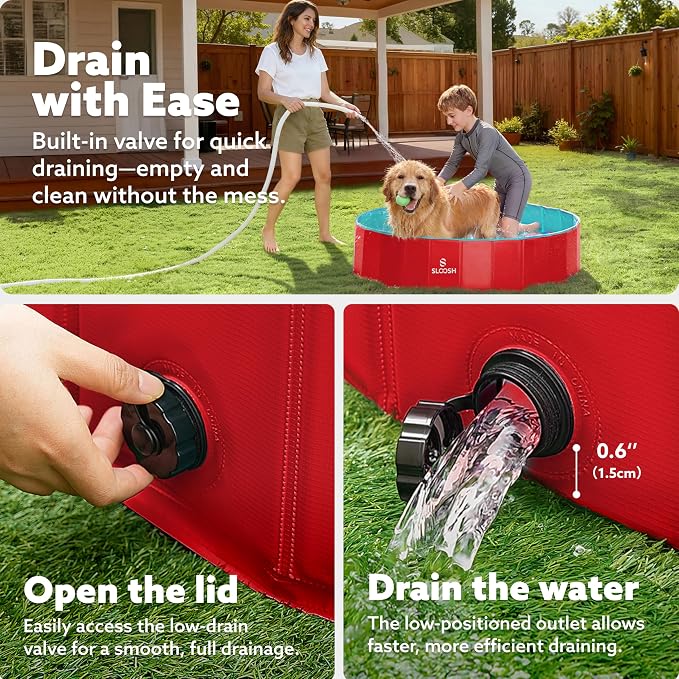 SLOOSH Foldable Dog Kiddie Pool - Portable Hard Plastic Doggie Swimming Pool, Anti-Slip Collapsible Pets Bath Tub Suitable for Kids Indoor Outdoor Backyard Use (Red, 48" x 12")