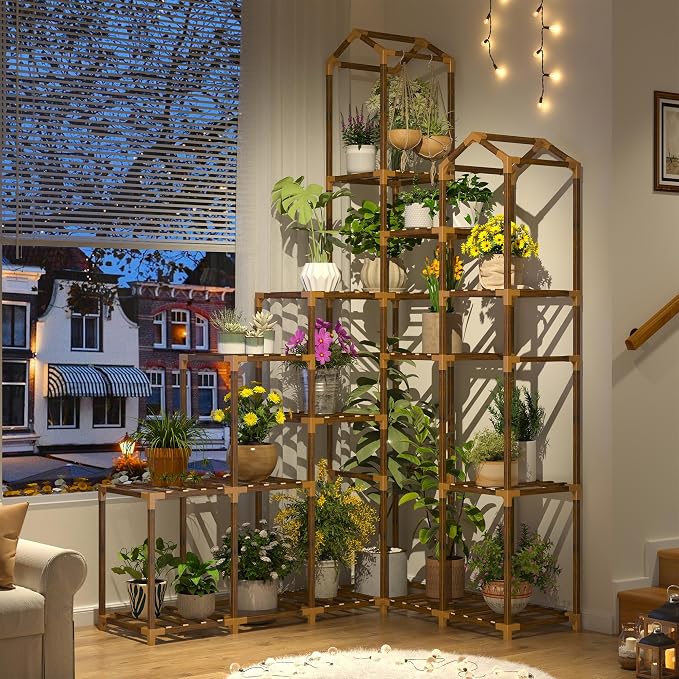 EnHomee 73.6" H Plant Stand Indoor Outdoor Tall Plant Shelf for 17-23 Pots Corner Tiered Plant Stands for Multiple Plants Wood Hanging Plants Holder for Garden Balcony Patio Window Porch