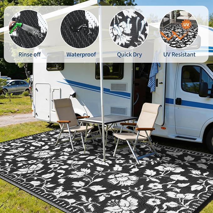 Garvee 5x8 Outdoor Rug Waterproof Vintage Floral Plastic Straw Rugs, Camping Rugs for Outside Your RV, Foldable Lightweight Reversible Carpet with Portable Bag for Patio Backyard Beach Camper, Black