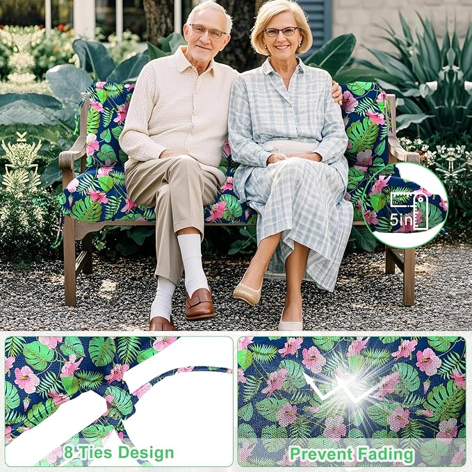 Porch Swing Cushions 2 Seater Replacement Thicken 5" Waterproof & Fade Resistant Swing Cushions for Outdoor Furniture Bench Patio Swing Cushion with Backrest & Ties(Navy Floral 48x40x5inch)