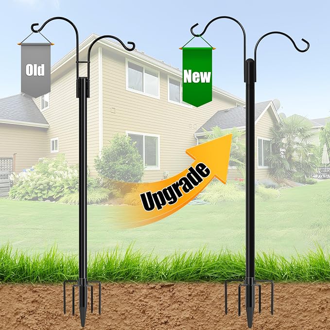 XDW-GIFTS Double Shepherds Hooks for Outdoor, 2-Pack Heavy Duty Garden Pole for Hanging Bird Feeder, Plant Baskets, Solar Light Lanterns, Garden Plant Hanger Stands with 5 Base Prongs