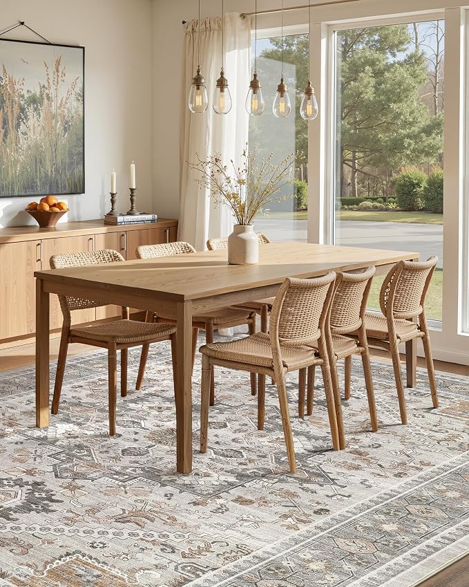Washable Area Rug-5X7 Vintage Neutral Soft Taupe | Non Slip Thin Foldable Large Floor Carpet for Living Room Bedroom Kitchen Dining Room Home Office Farmhouse Indoor