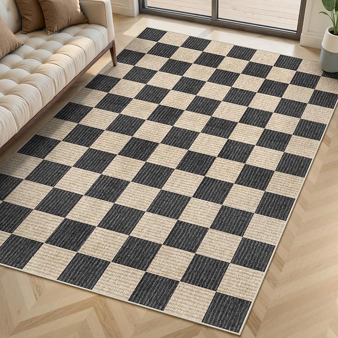 LIVEBOX 4x6 Washable Area Rug Checkered, Non-Slip Small Entryway Rug Black Farmhouse Neutral Classic Geometric Kids Boys Rug for Bedroom Living Room Low-Pile Carpet for Classroom Playroom(Black 4'x6')