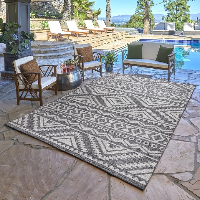 Gertmenian Indoor Outdoor Area Rug, Classic Flatweave, Moroccan Collection II, Stain & UV Resistant Carpet, Deck, Patio & Mudroom, 6x9 Medium, Gray Beige Abstract Tribal Dimension,19493
