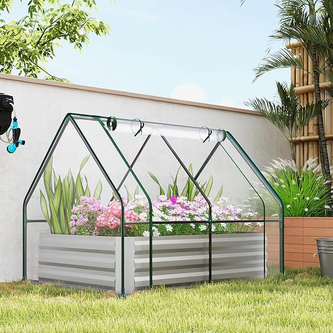 Outsunny 4 x 3 x 3ft Raised Garden Bed with Mini Greenhouse, Galvanized Raised Garden Bed with Cover for Herbs and Vegetables, Small Greenhouse for Patio Garden Balcony, Clear and Gray