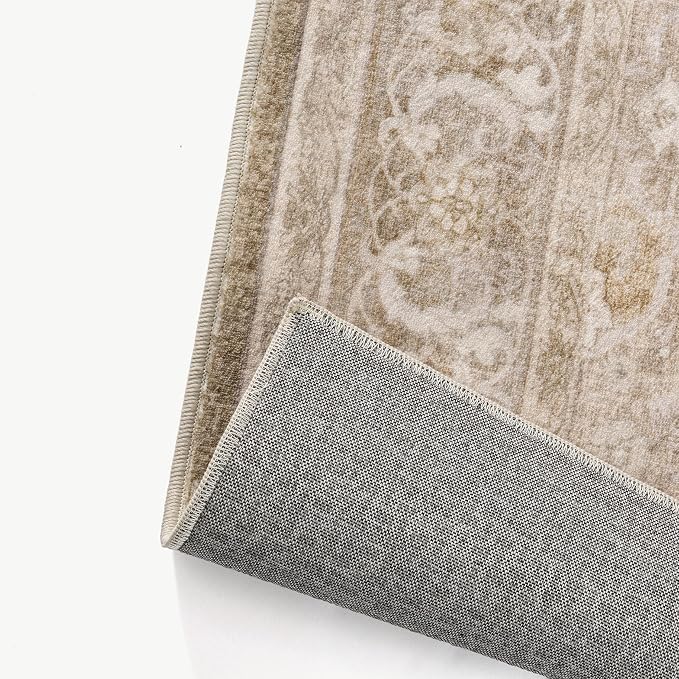 Brown 5x7 Washable Area Rug Living Room Vintage Distressed Carpet | Soft Low Pile, Non Slip, Stain Resistant, Large, Retro Accent Decor for Bedroom, Dining Room, Office, Kids Room