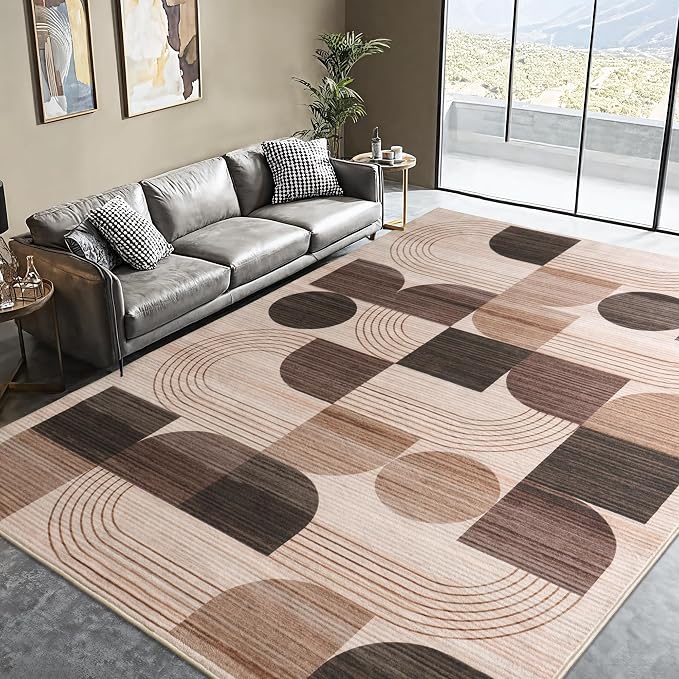 Soft Modern Geometric Abstract Machine Washable Large 8x10 Area Rug | Brown Rugs for Bedroom Living Room, Non-Shedding Faux Wool Indoor Throw Floor Carpet for Office Entryway Dining Room Decor