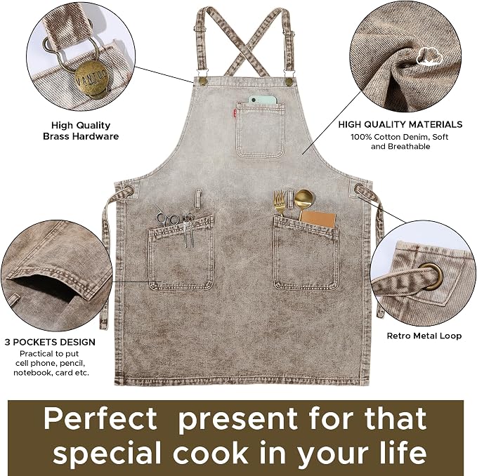 Denim Chef Apron for Women with Pockets, Jean Waitress Server Kitchen Apron for Men Cooking Gardening Painting