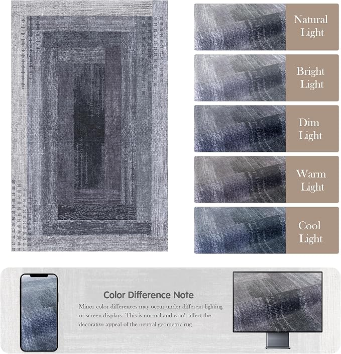 Neutral Geometric Grey 6x9 ft Large Rug for Living Room Bedroom | Contemporary Modern Area Rugs Vintage Washable Soft Faux Wool Low Pile Indoor Carpet for Dining Room Office Home Decor