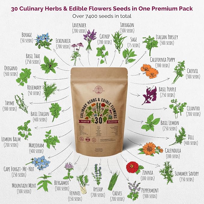 Organo Republic 30 Culinary Herbs & Edible Flower Seeds Variety Pack- Indoor/Outdoor. 7400+ Non-GMO Heirloom Flower Seeds: Basil, Borage, Echinacea, Lavender, Oregano, Rosemary Seeds & More