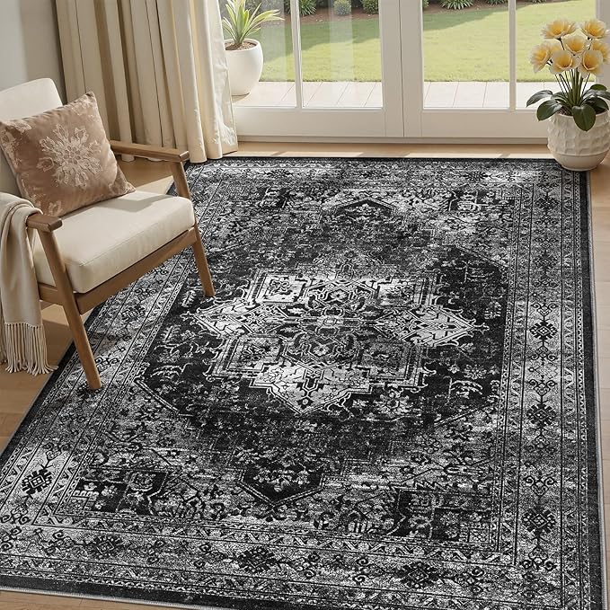UERMEI 5x7 Area Rug Living Room Rugs - Washable Vintage Soft Large Rug Indoor Floor No Slip Rug Carpet for Bedroom Farmhouse Under Dining Table Home Office Decor - Black