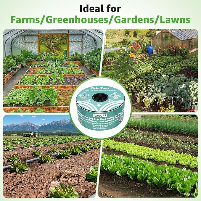 2000FT 5/8" Drip Tape Irrigation, 16 Mil Heavy Duty with 6" Emitter Spacing, Silver Reflective Drip Tape Resistant to Pecking & Biting, Heat-Safe for Seedlings, Ideal for Garden Farm Greenhouse Patio