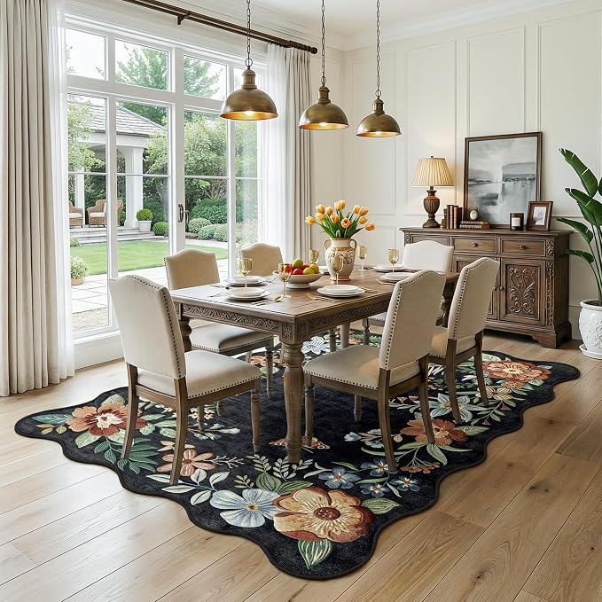 FMFUNCTEX 5x7 Washable Black Floral Vintage Flower Area Rug for Living Room | Colorful Traditional Boho Distressed Soft Non Slip Low Pile Large Indoor Thin Carpet Bedroom Dining Room Nursery, Black/Grey