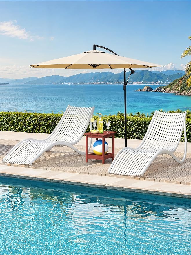 LUE BONA Outdoor Side Table, 2-Tier HDPE Small Outdoor End Table with Rail for Patio, Deck, Poolside, Low Maintenance & Weather Resistant, Red
