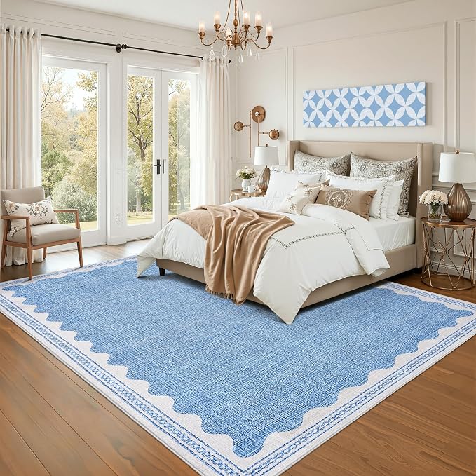 GarveeHome Scalloped 8x10 Rug for Living Room Washable Non-Slip Solid Blue Modern Minimalism Low-Pile Carpet 8 x 10 Rug for Bedroom Dining Nursery Mat with Rubber Back