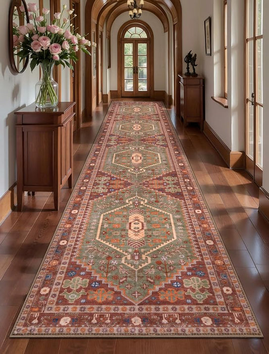 Ciicool 3x10ft Hallway Rug,Long Runner Area Rugs for Vintage Kitchen Decor | Oriental Non-Slip Thin Vintage Indoor Terracotta/Green Entry Carpet for Entryway Bedroom Bedside Living Room Laundry Bathroom