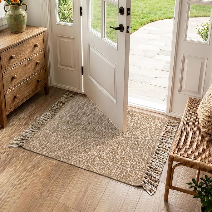 Boho Small Bathroom Rug 2' x 3', Modern Farmhouse Rugs for Entryway | Hand-Woven Washable Kitchen Mat, Tan/Cream Low Profile Front Door Mat, Reversible Jute Porch Carpet for Laundry Bedroom
