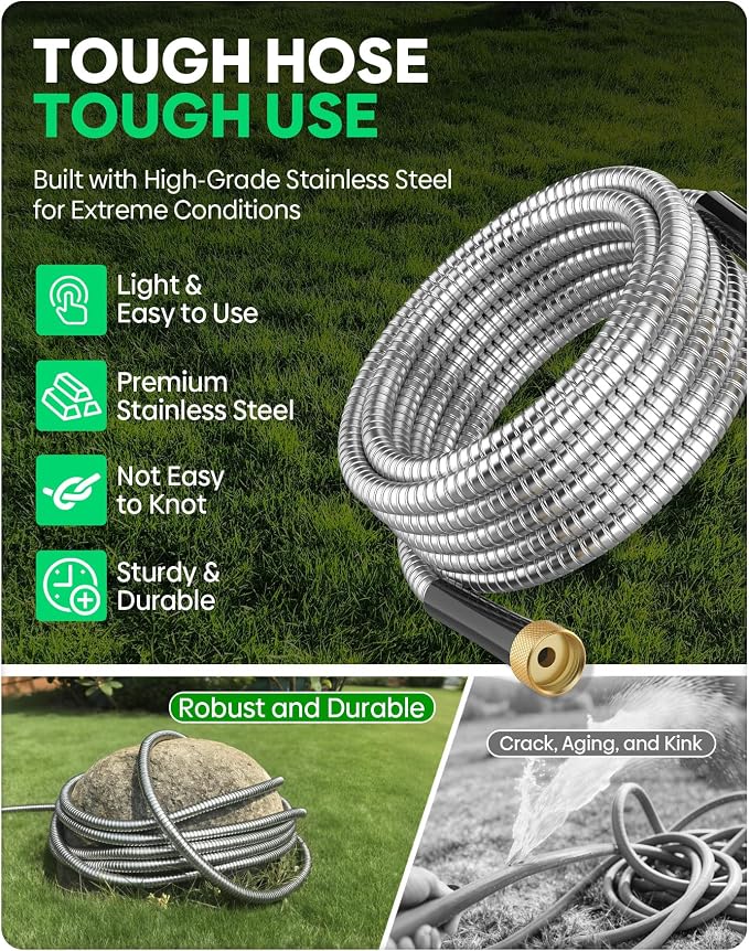 BlueGarden Metal Garden Hose 100 ft with 10 Function Nozzle,No Kinking,Flexible,Heavy Duty & Lightweight Water Pipe,Stainless Steel Outdoor Water Hose for Yard and Lawn,Non-Expandable 100 feet