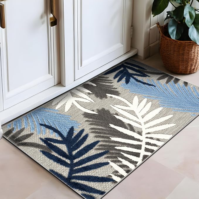 Rugshop Blue Palm Frond Indoor/Outdoor Runner Rug Easy Cleaning for Hallway, Kitchen and Entryway, 2'7" x 4'