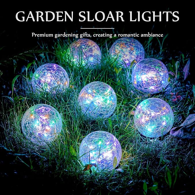 Honoson 8 Pcs Decorative Solar Globe Lights Outdoor Waterproof, 3.9 Inch | LED Cracked Glass Solar Garden Orbs and Ball Lights for Pathway, Walkway, Lawn, Patio, Yard and Backyard Decorations