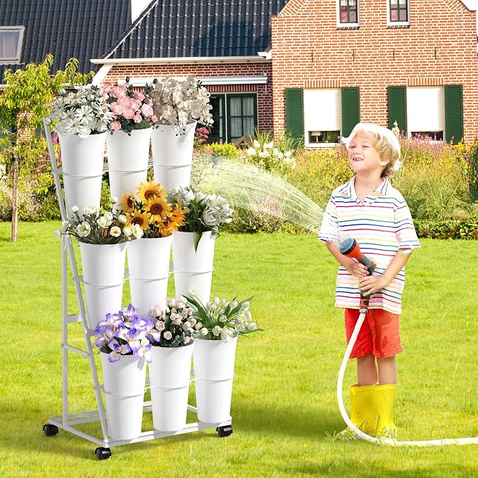 Invech Flower Display Stand with 9 Buckets, 3 Tier Flower Cart Display Stand and Wheels for Indoor Outdoor Garden, Wedding, Flower Shop (White)