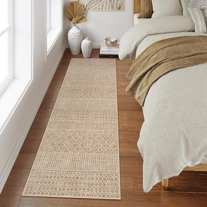 Lahome Farmhouse Washable 2x6 Hallway Runner, Non-Slip, Beige/Brown | Boho Textured Neutral, Low-Pile, Geometric Pattern, Modern, Moroccan, Entryway Hallway Runner Kitchen Bathroom Laundry Room
