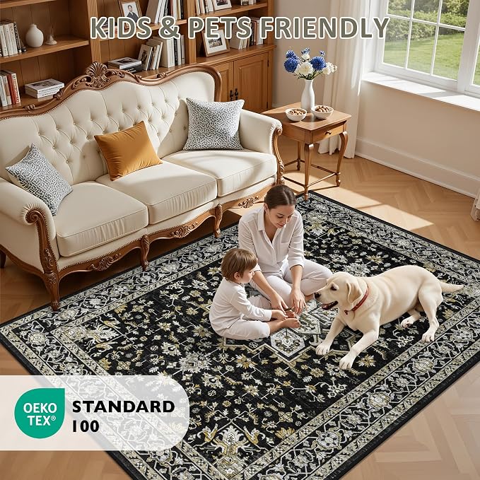 6x9 Area Rugs Living Room: Washable Rug for Bedroom Black Gold | Boho No Slip Stain Resistant Rug Soft Indoor Decor Floor Floral 6x9 Area Rugs for Dining Room, Nursery, Hallway, Home Office