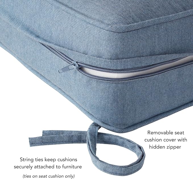 Sunbrella Deep Seat Cushion Set – Seat & Back Cushions for Patio Chairs, Sofas & Loveseats – Fade Resistant Outdoor Fabric, Ties, Zippered Cover, Cord Trim, Spectrum Denim