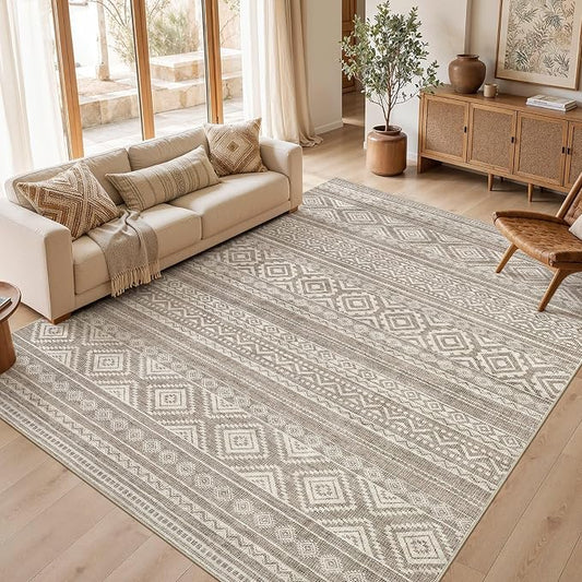 cotiled Boho 7x10 Area Rug for Living Room: Large Moroccan Washable Rug | Solve Modern Neutral Trendy Home Decor - Stain Resistan Indoor Carpet for Bedroom Farmhouse Dining Room Coffee Brown
