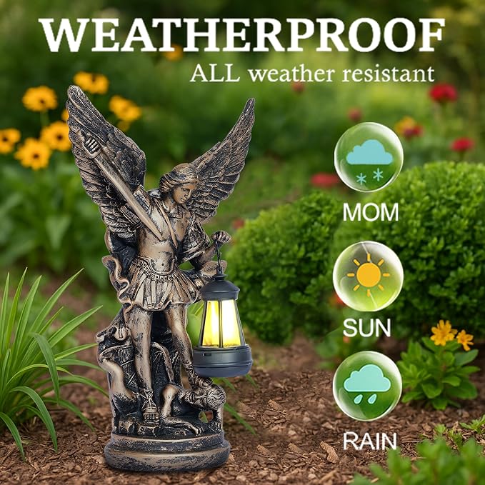 Solar San Miguel Arcangel Outdoor Garden Decor Statues 12.4" Solar St Michael the Archangel Satue for Yard Patio Lawn Porch Decorations Resin St Michael Figurine Religious Collection Sculptures Gifts