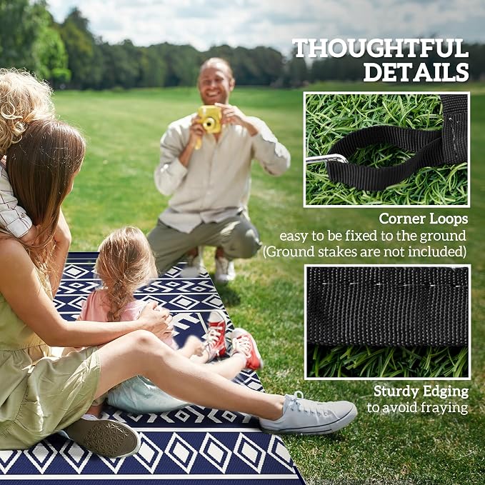 Outsunny Reversible Outdoor Rug, 8' x 10' Waterproof Plastic Straw Floor Mat, Portable RV Camping Carpet, Large Floor Mat for Backyard, Deck, Picnic, Beach, Blue & White Rhombus Border