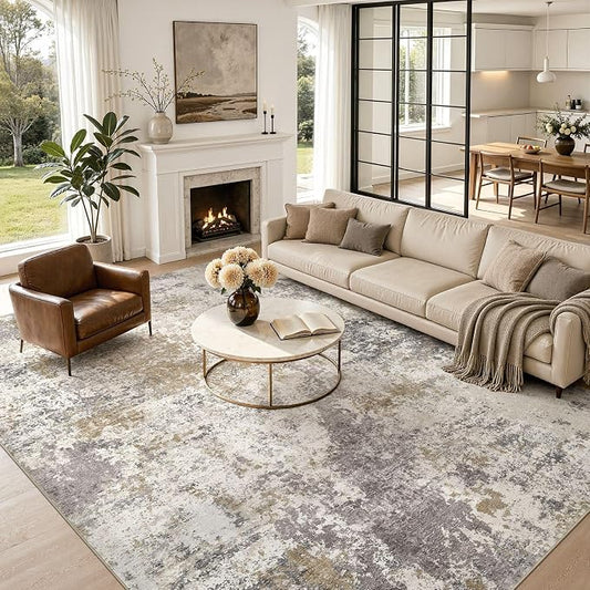 Nakagishi 12X15 Abstract Washable Area Rugs for Living Room-Brown Grey | Modern Non-Slip Silicone Backing Low Pile Soft Carpet for Bedroom Dining Decor Ideal for Families with Kids and Pets