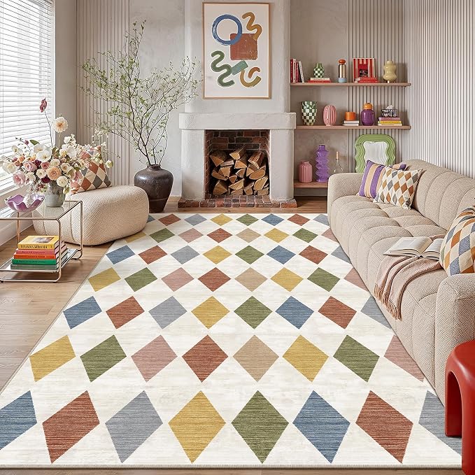 Colorful 6x9 Washable Area Rug Large Non Slip Checkered Carpet | Soft, Low Pile, Easy Clean, Checkered Pattern for Living Room, Bedroom, Office, Dining Room, Kids Room, Modern Indoor Decor