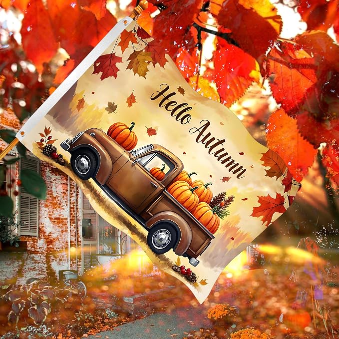 Fall Flag 3x5Ft Outdoor Double Sided Happy Fall Banner for Outside Hello Autumn Holiday Yard Flag Thanksgiving Truck Harvest Pumpkin Berries with 2 Grommets for Farmhouse Indoor Outdoor Decor