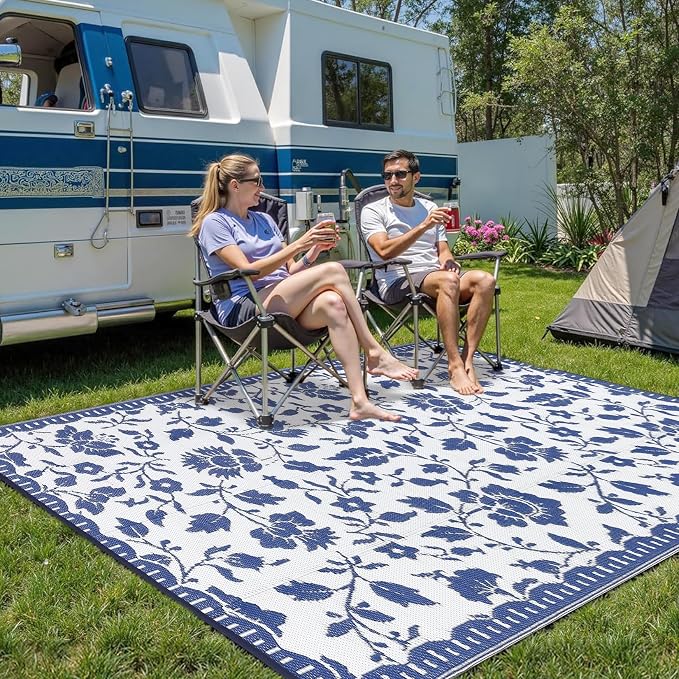 Garvee 5x8 Outdoor Rug Waterproof, Vintage Floral Plastic Straw Rugs, Camping Rugs for Outside Your RV, Foldable Lightweight Reversible Carpet with Portable Bag for Patio, Backyard, Beach, Navy＆White