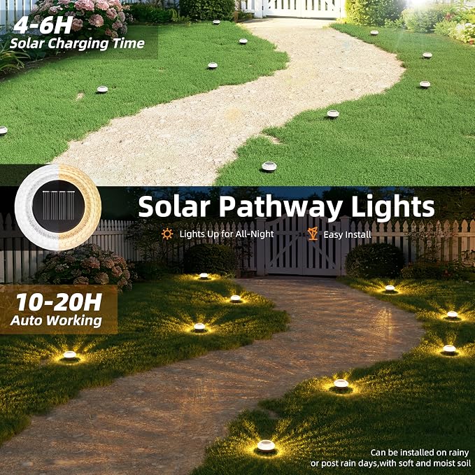 VOLISUN Solar Ground Lights Outdoor,8 Pack Flat Solar Pathway Lights,IP67 Waterproof Solar Powered Disc Lights,Landscape Lighting for Garden Yard Walkway Patio Driveway,Warm White