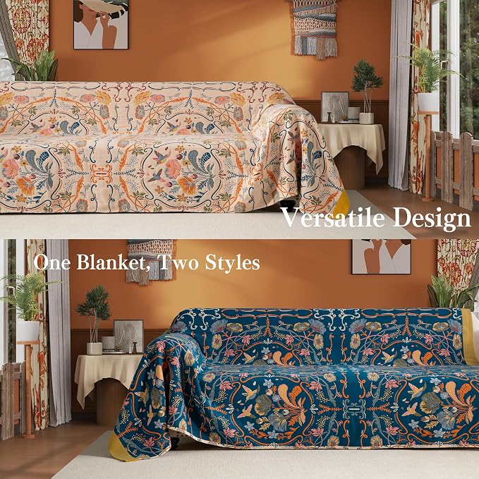 Phuryllic Boho Throw Blanket Twin Size, Soft Cozy Cotton Muslin Quilt Blanket for Bed Decor, Floral Patterned Couch Sofa Chair Cover, Vintage Farmhouse Cottage Tapestry Woven Blanket, Yellow&Blue