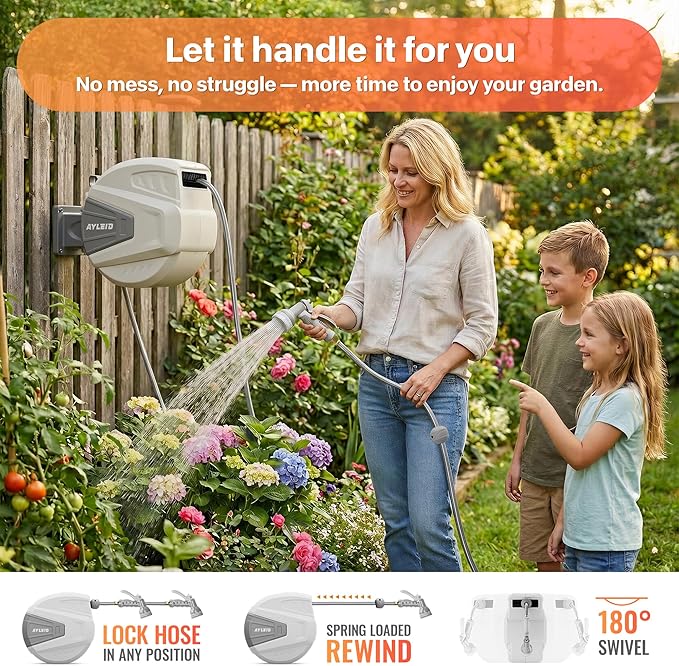 Ayleid Retractable Rubber Hybrid Garden Hose Reel, 1/2"x65ft Wall Mount | Anti-freeze, kink-free premium rubber hybrid hose, 24-month warranty, 9-pattern sprayer, any-length lock, slow auto-return.