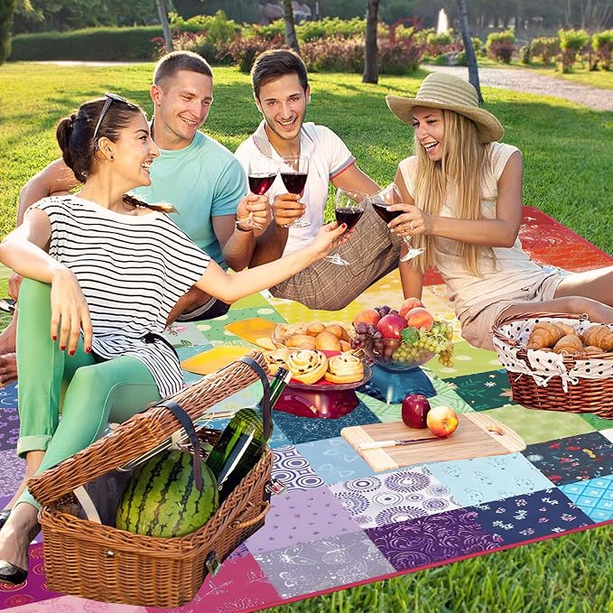 Supfitness Extra Large Picnic Blankets Waterproof Foldable (60"x 80") Boho Beach Blanket Waterproof Sandproof,3-Layer Thicking Mat Outdoor Packable Camping Blanket