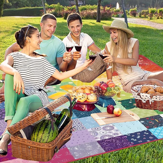 Supfitness Extra Large Picnic Blankets Waterproof Foldable (80"x 80") Boho Beach Blanket Waterproof Sandproof,3-Layer Thicking Mat Outdoor Packable Camping Blanket