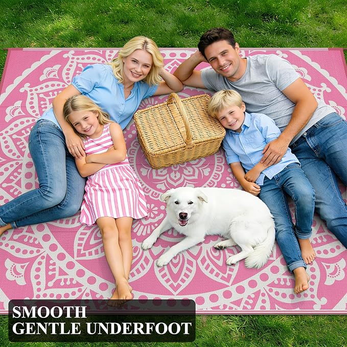 Bsmathom Waterproof Outdoor Rug 8'x10' Reversible Boho Plastic Straw Patio Deck Camping Rugs, Indoor Outdoor Portable RV Mat Clearance Carpet for Outside, Porch, Balcony, Backyard, Beach, Pool,Pink