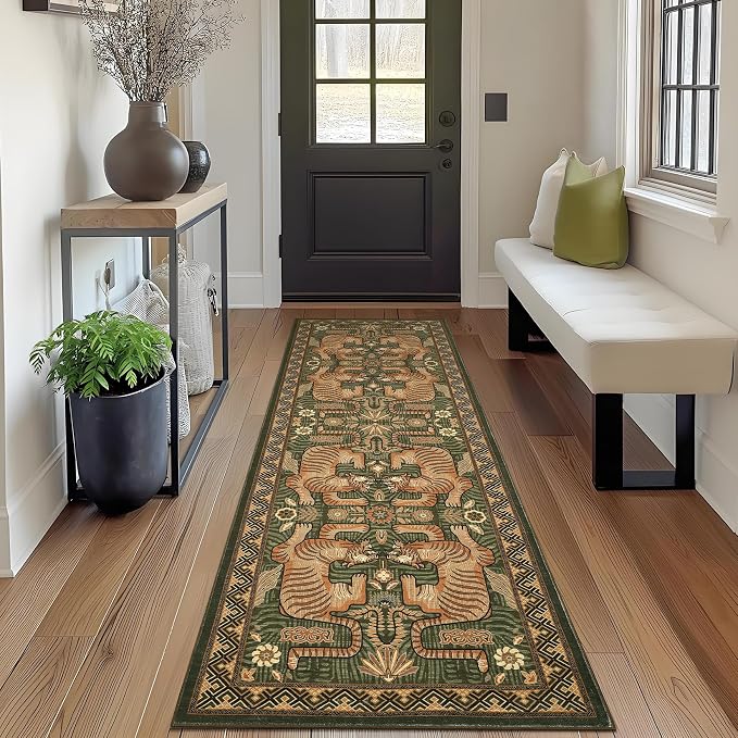 GarveeHome Tiger Print 2'x6' Washable Runner Rug Non Slip Boho Hallway Rug | Green Kitchen Runner Ultra Thin Soft Vintage Tribal Indoor Throw Floor Carpet for Laundry Entryway Bedroom Bathroom