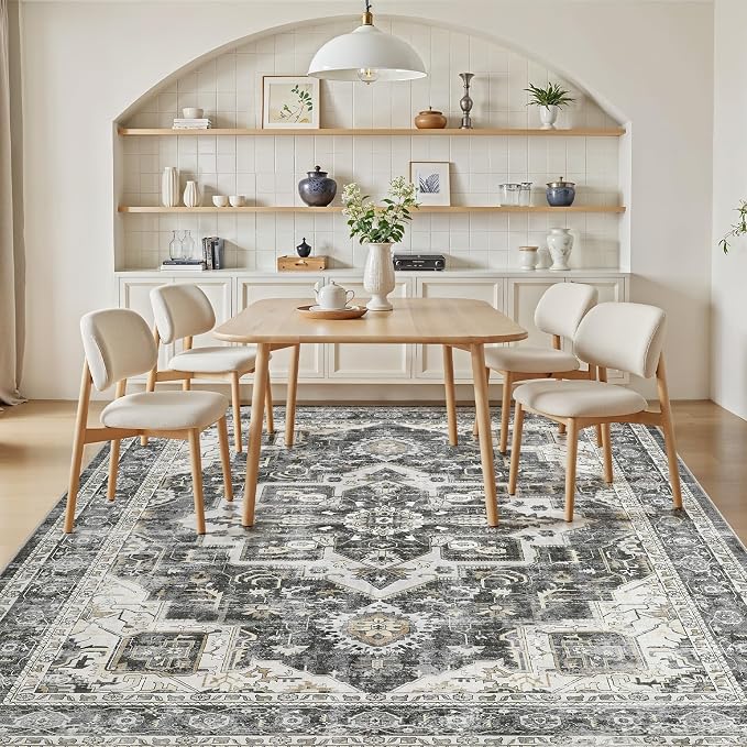 Vintage Washable 8x10 Area Rug for Living Room, Black | Soft Low Pile Rug with Non-Slip Backing, Stain Resistant for Bedroom or Dining Room, Kid & Pet Friendly