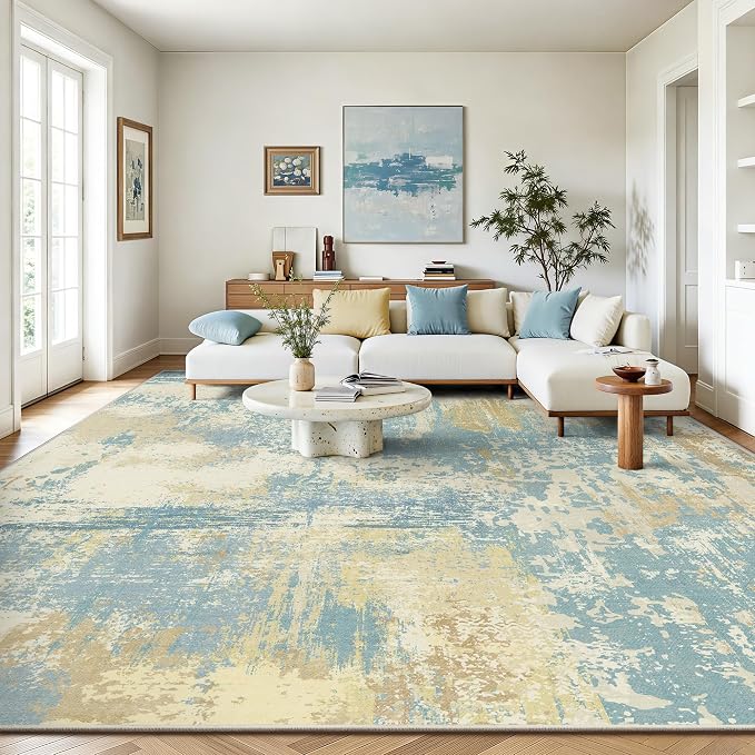 8x10 Rugs for Living Room - Modern Abstract Washable Rug, Ultra Soft Non Slip Low Pile Large Rugs, Floor Carpet for Bedroom Dining Room Office Laundry Nursery Home（Blue&Beige）