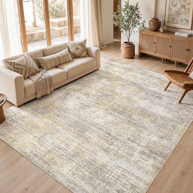 cotiled Boho 8x10 Area Rugs for Living Room: Large Moroccan Washable Rug | Solve Modern Neutral Trendy Home Decor - Stain Resistan Carpet for Bedroom Farmhouse Dining Room Gold Brown