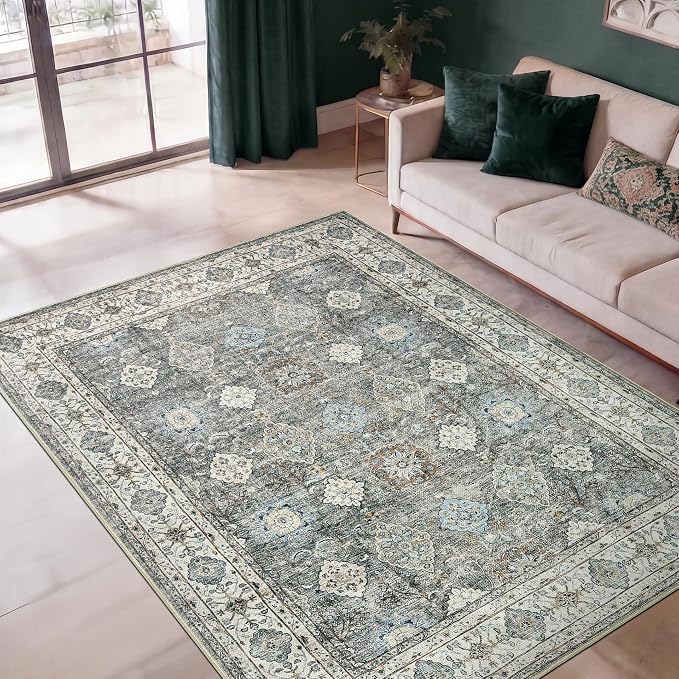 Keen Home Design Vintage Washable Area Rug, Non-Slip Low Pile, 6x9 | Machine Washable Cotton Chenille, 0.25In Low Pile, Rubber Non-Slip Back; Living Room, Dining Room, Bedroom, Office