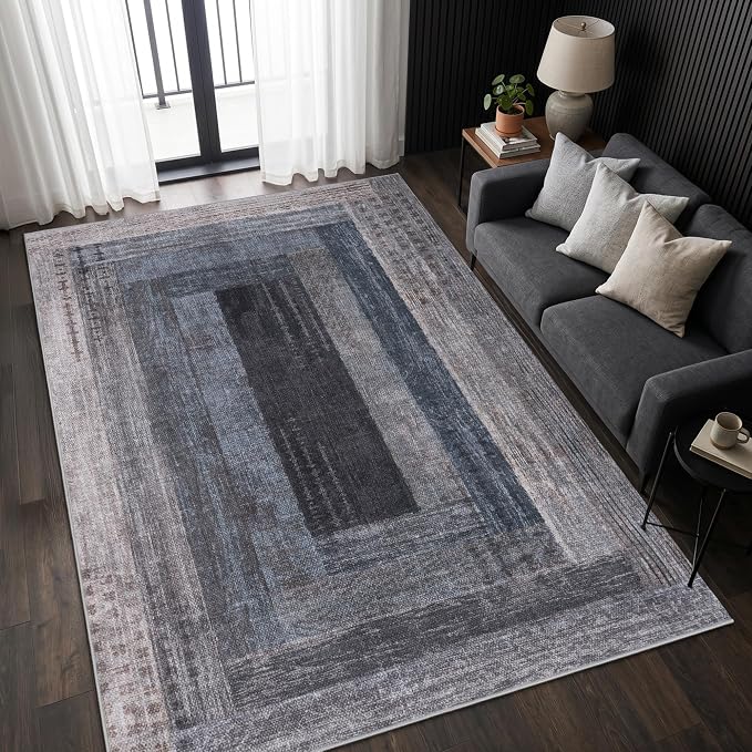 Neutral Geometric Blue 8x10 ft Large Rug for Living Room Bedroom | Contemporary Modern Area Rugs Vintage Washable Soft Faux Wool Low Pile Indoor Carpet for Dining Room Office Home Decor
